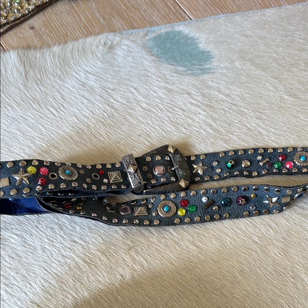 Vintage Black Studded Belt with Multicolor Accents